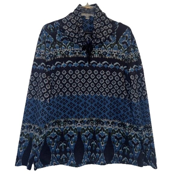 Susan Graver Weekend Women’s Blue Teal Printed Cowl Neck Pullover Top Sz M - Picture 1 of 9